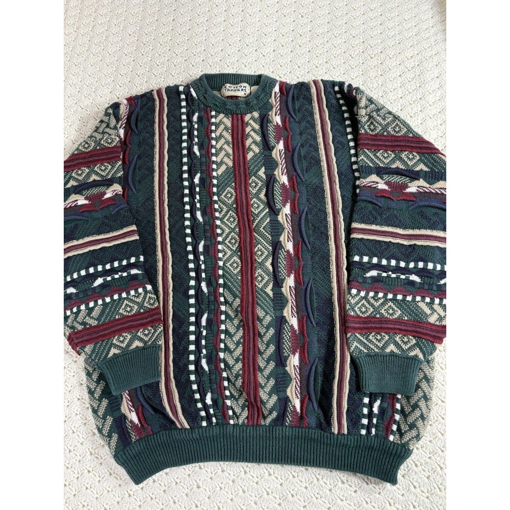 Cotton Traders Coogi Style 3D Knit Sweater Vintage Men's XL Textured Green EUC